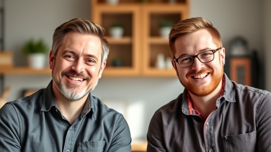Two smiling male hosts discussing eco-friendly home improvements in vibrant colors.