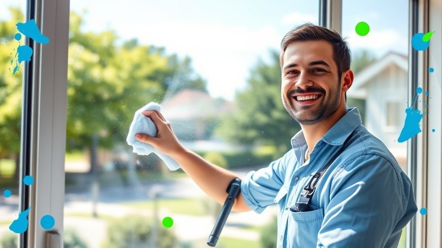 Smiling window cleaner polishing a large window in a vibrant Eugene neighborhood.