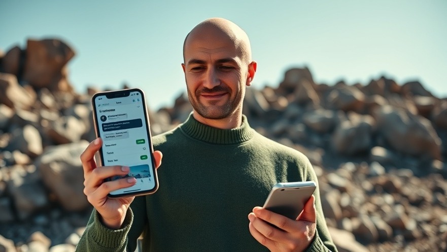 Bald man in green sweater using T-Mobile Starlink for satellite messaging outdoors.
