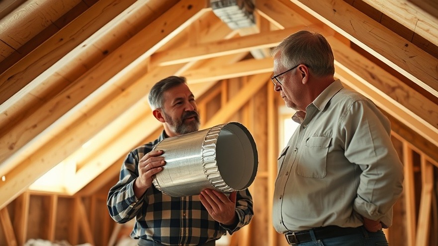 Men discussing retrofitting HVAC for air conditioning in old homes in an attic.