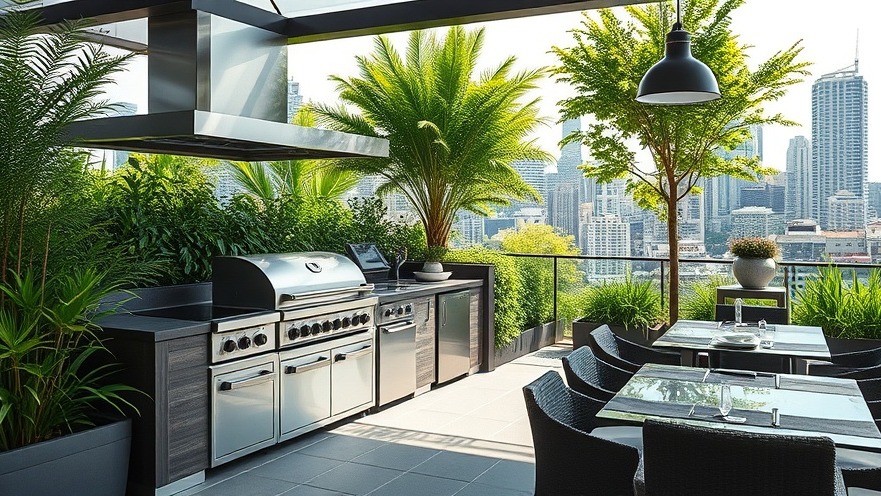 Stylish modern outdoor kitchen with sustainable building materials in lush surroundings.