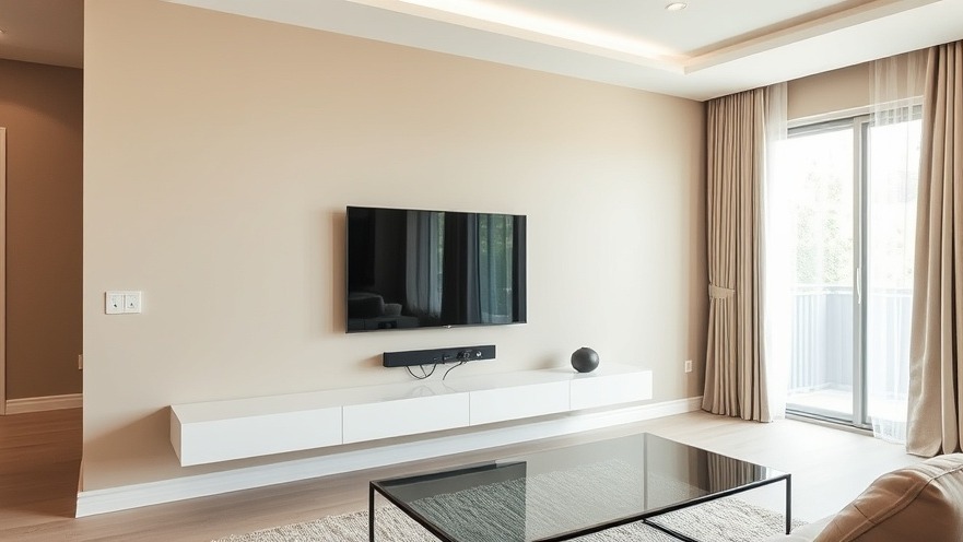 Modern living room with wall-mounted TV, showcasing TV mounting tips and hidden cables.