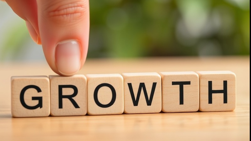 Close-up hand adjusting blocks spelling 'GROWTH' symbolizing comfort zones.