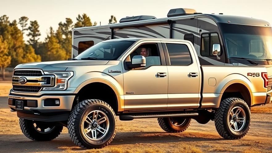 Silver truck with modifications for camping gear organization beside an RV.