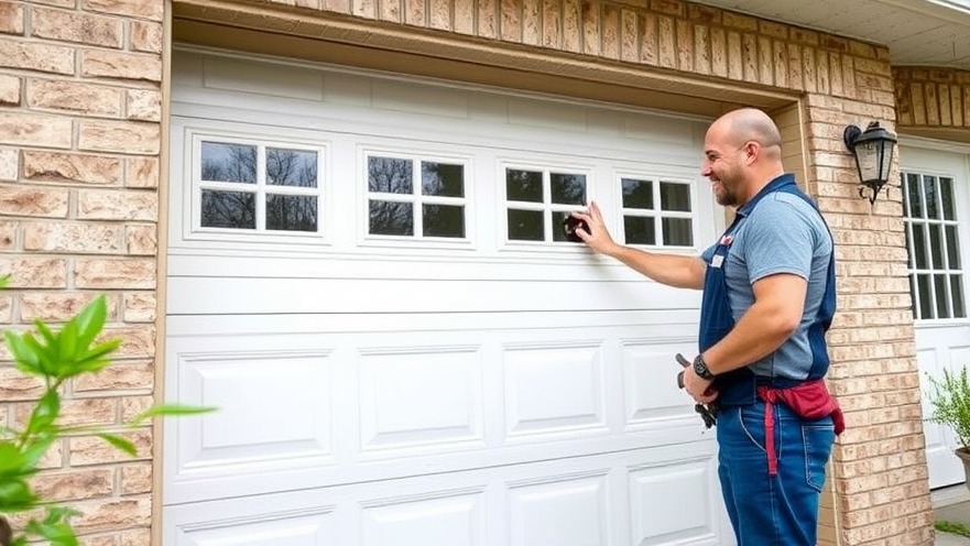 Happy homeowner observing tech repairing garage door efficiently.
