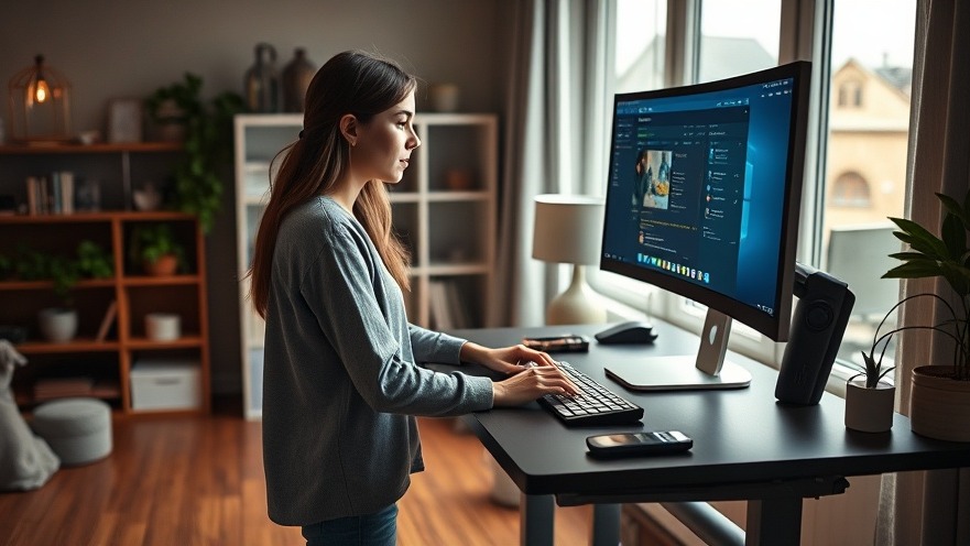 Young woman at adjustable desk in a cozy modern home office, ideal for home renovation tips.