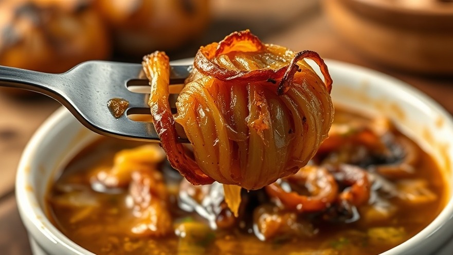 Close-up of French onion soup with caramelized onions and Gruyère cheese in a rustic kitchen.