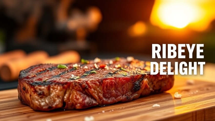 Juicy smoked ribeye steak on a wooden board, garnished and grilled to perfection.