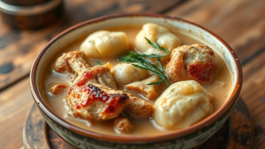 Hearty comfort food: bowl of smoked chicken and dumplings in creamy broth.