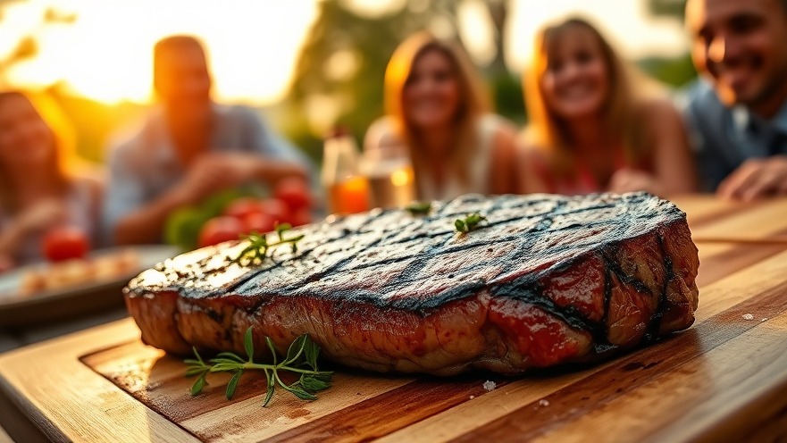 Sizzling BBQ with ribeye steak and fresh herbs, showcasing BBQ techniques and outdoor joy.