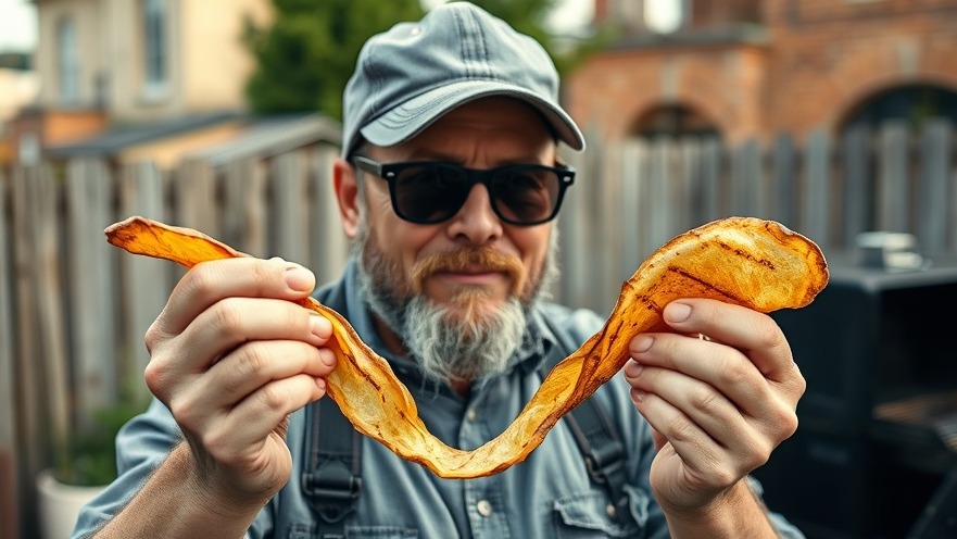 A 40-year-old man holds a crispy onion snack in an urban backyard, perfect for barbecue side dishes.