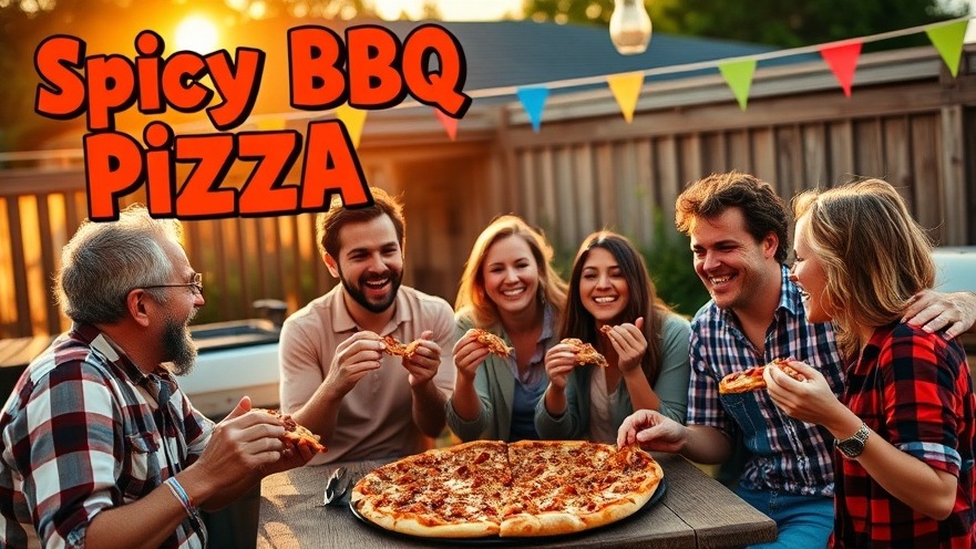 Friends enjoying pulled pork pizza at a vibrant backyard BBQ gathering.