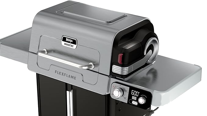 Modern stainless steel BBQ grill assembly in outdoor setting, showcasing Ninja FlexFlame setup.