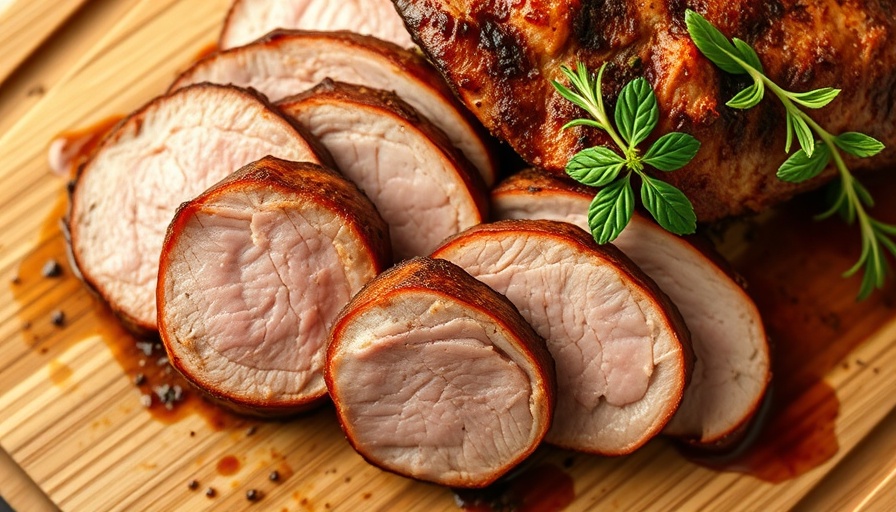 Sliced smoked pork tenderloin recipe on a wooden board with herbs.