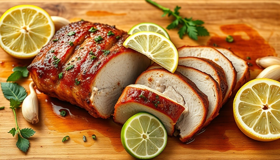 Mojo marinated pork loin garnished with citrus and spices.