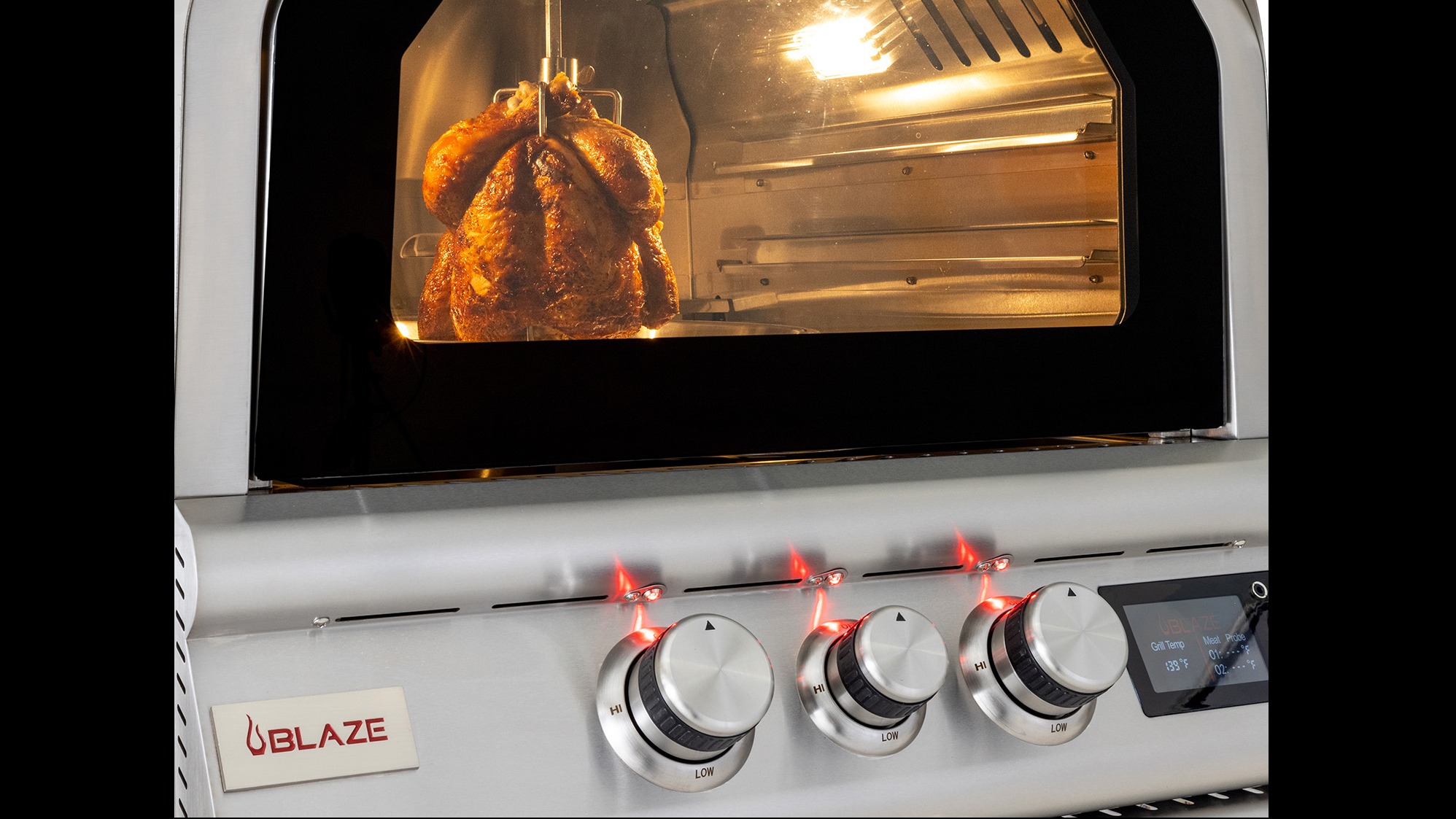 Blaze outdoor oven review, sleek outdoor appliance on patio, brick backdrop