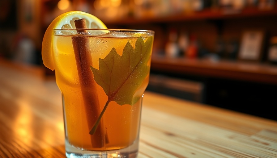 Maple Leaf Cocktail with lemon and cinnamon on bar surface.