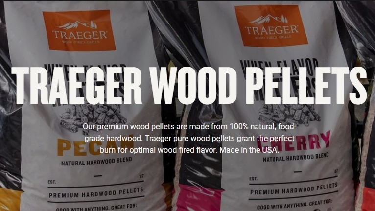 Traeger Recipe Pairings with wood pellets, sauces, and grilled meat.