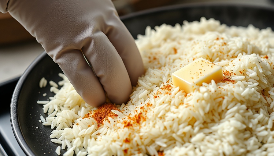 Rice cooking with spices and butter for burrito meal prep.