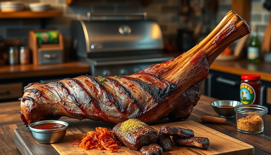 Thor's Hammer BBQ beef shank with sauces in a rustic kitchen.