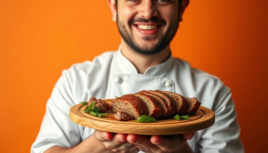 Not Your Mama's Meatloaf chef holding a wooden platter.