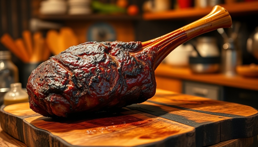 Perfectly charred beef shank resembling Thor's hammer on a wooden board.