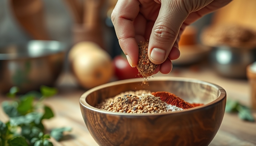 Perfect pimento cheese recipe preparation with spices in a wooden bowl.