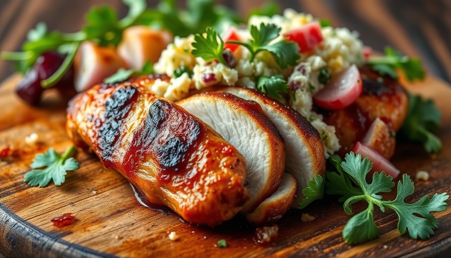 Smoked chicken breast recipe with cobb salad on a wooden surface.