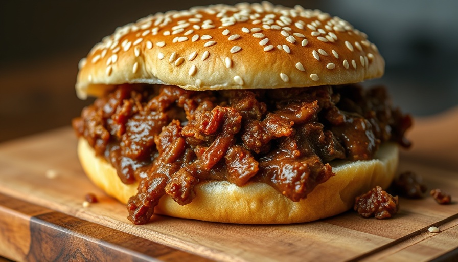 Mouthwatering sloppy joes on the Traeger, sesame bun close-up.
