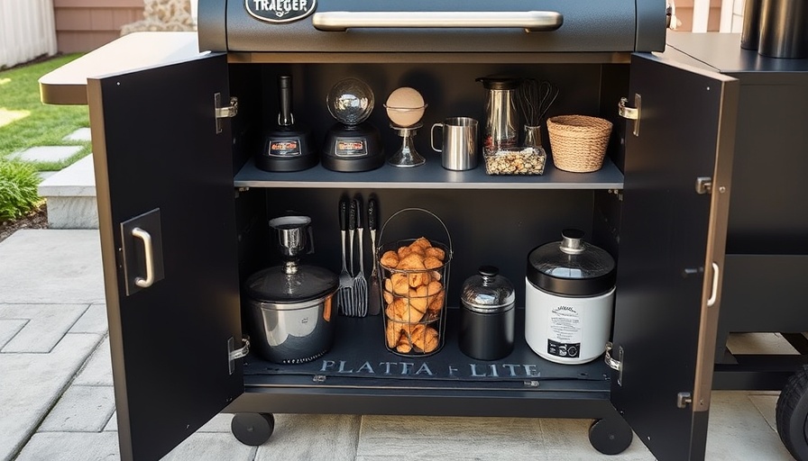 Traeger Woodridge Elite Cabinet organized with barbecue accessories.