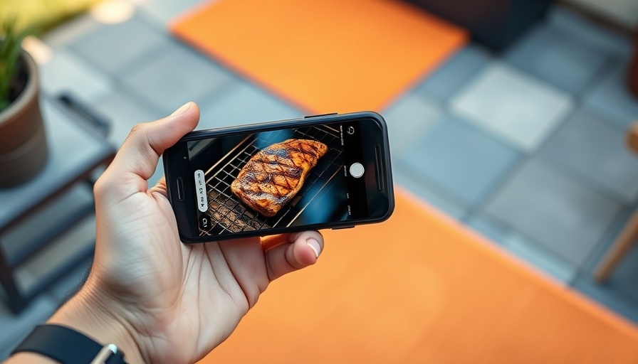 Smartphone controlling Traeger grills cooking technology on patio.