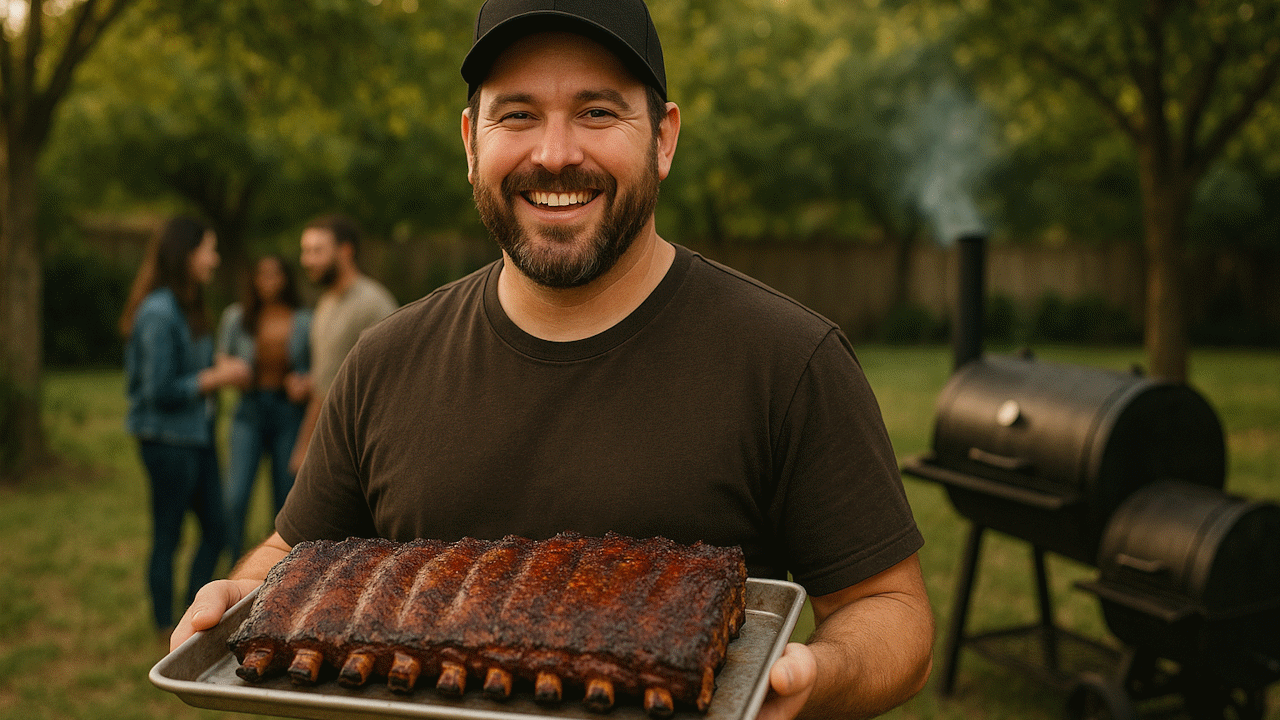 Smiling Texas BBQ guy showcasing BBQ ribs tips in a vibrant backyard with Traeger Grills.
