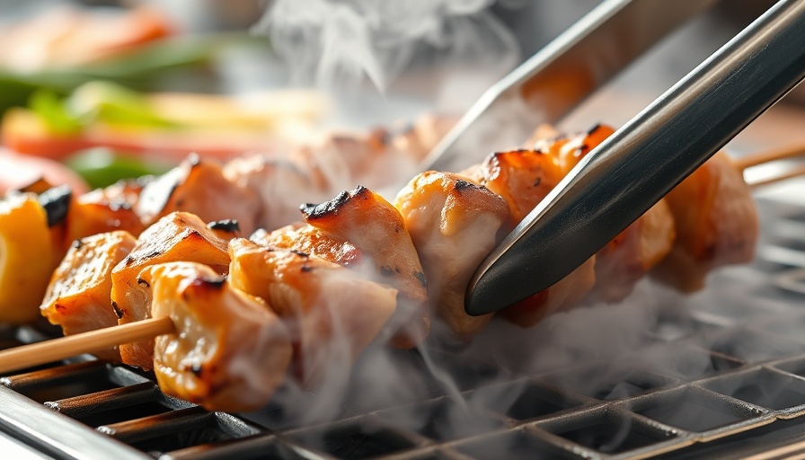 Griddled skewers steaming on the grill with tongs handling.