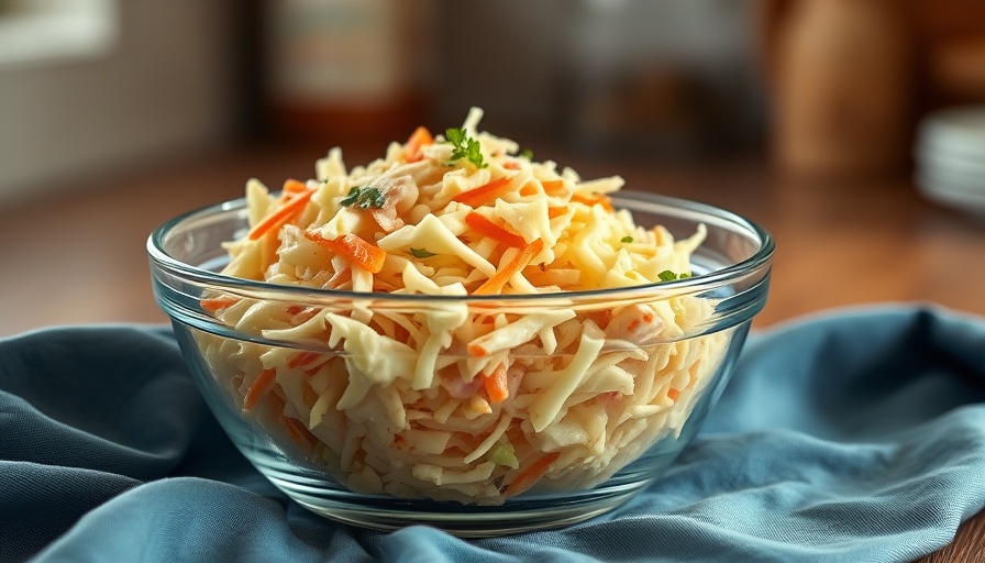 Classic creamy coleslaw with a tangy twist in a glass bowl.
