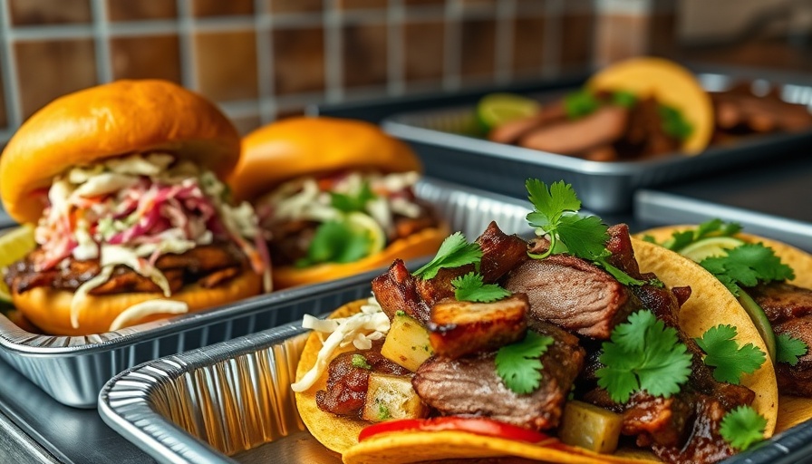 Delicious BBQ meal with brisket sandwiches and tacos for large groups.