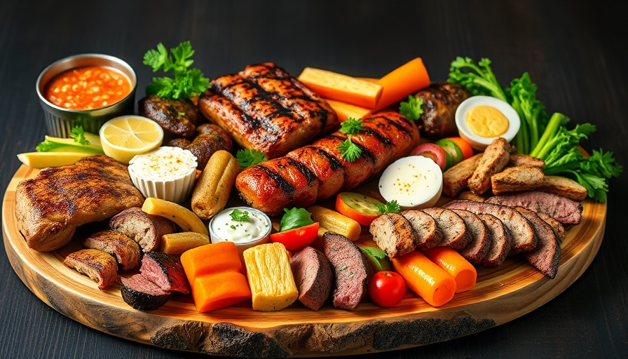 Colorful BBQ platter board with meats, cheeses, and vegetables.