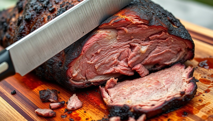 Juicy smoked brisket being sliced, perfect for overnight cooking.
