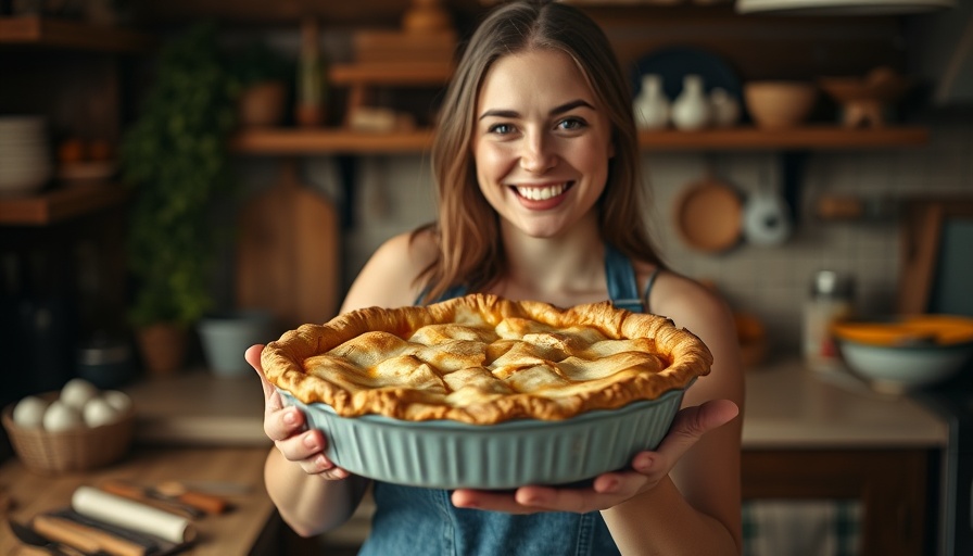 Woman in blue apron with pan-less pie in warm kitchen setting.