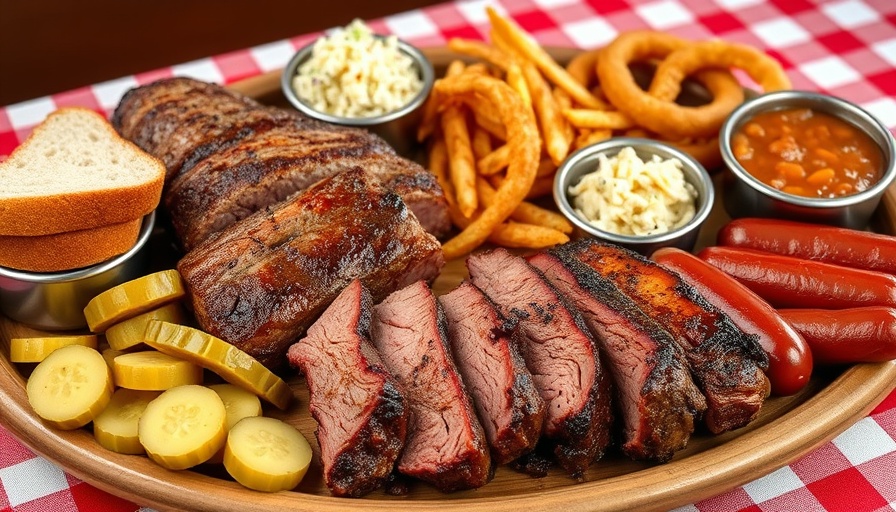 Colorful BBQ platter from Goldee's Bar-B-Q Cookbook, appetizing spread.