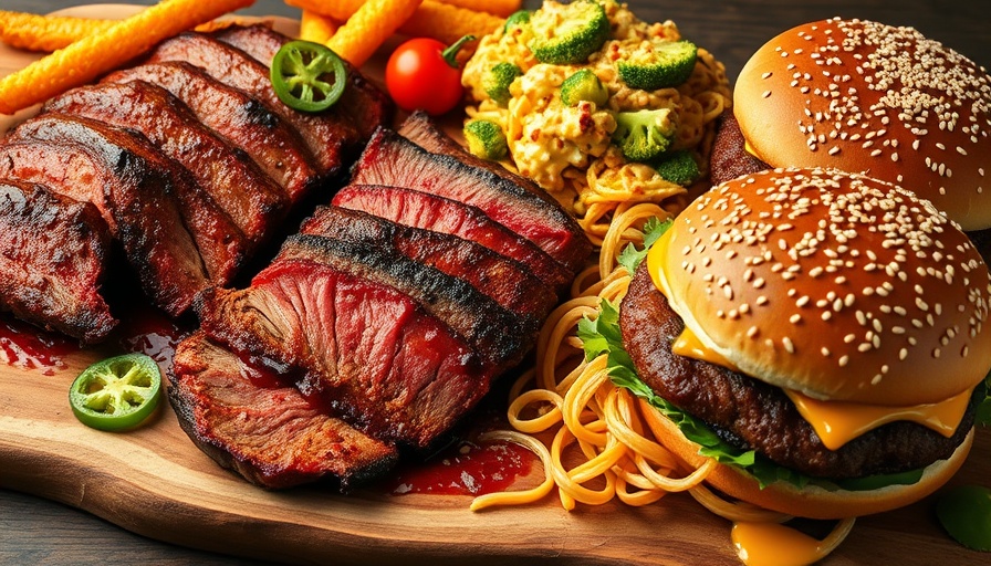 Delectable BBQ dish spread with various sides and burger.