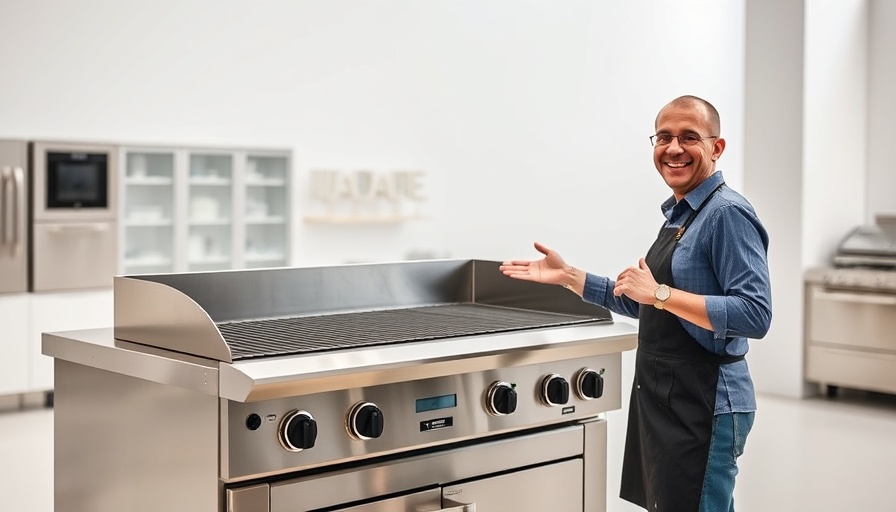 Person showcasing Blaze LTE PRO 40” griddle in showroom.