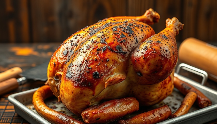 Whole roasted chicken on tray, July grilling recipes.