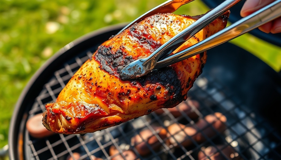 Burnt chicken on grill tongs showing grilling mistakes.