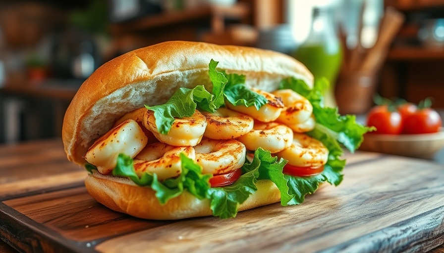 Grilled Shrimp Po'Boy sandwich with lettuce and tomatoes on a wooden board.