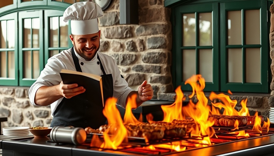 Chef demonstrating the Meathead Method BBQ with open flames and steak grilling