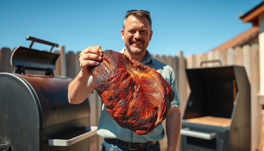 Smiling man perfecting Texas brisket in outdoor BBQ setting.