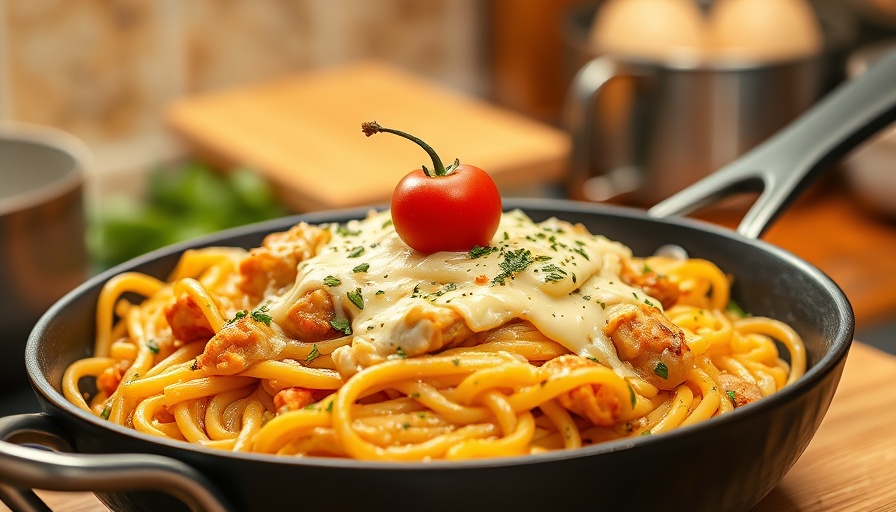 Cheesy chicken pasta in skillet for affordable chicken dinners.