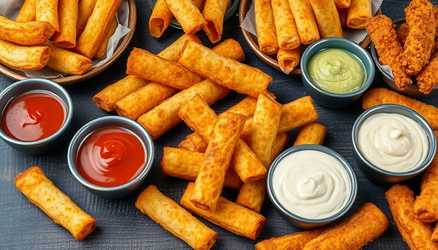 Crispy air-fried snacks with dips on wooden board.
