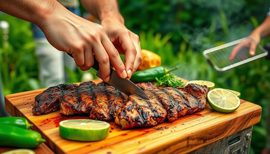Grilled steak being sliced at outdoor BBQ with lime, highlighting food safety.