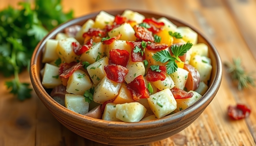 Crispy Potato Salad Made on the Flatrock in a rustic bowl on wood.